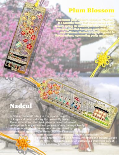 4 Pieces Metal Bookmark (Peony, Ten Symbols of Longevity, Nadeul, Plum Blossom) + 4 Envelopes - Korean Traditional Bookmark 책갈피 목단, 십장생, 나들이, 궁궐매화 - style: Set 1