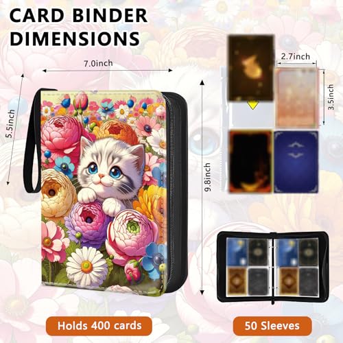 4 Pocket Trading Card Binder, Holds 400 Cards, 3-Ring Binder - color: Beautiful flowers and cats