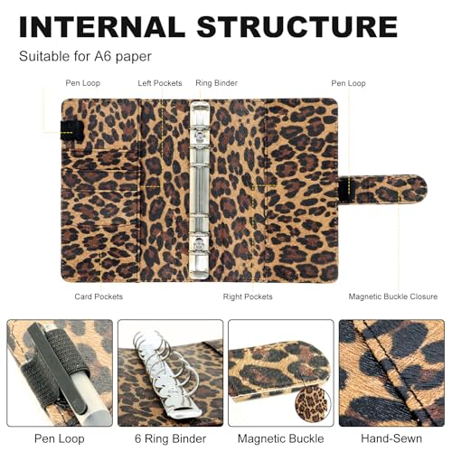 Convend A6/A5 Refillable 6 Ring Faux Leather Binder Cover (Leopard) - color: Leopard Texture, size: Luxe-A6
