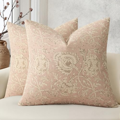 Vintage Floral Print Throw Pillow Covers 24x24 Set of 2 Neutral Modern Farmhouse Pillowcases Accent Decorative Cushion Covers Boho Home Decor for Couch Sofa Chair Bed Living Room, Champagne Pink - color: Champagne Pink, size: 24" x 24" (Pack of 2)