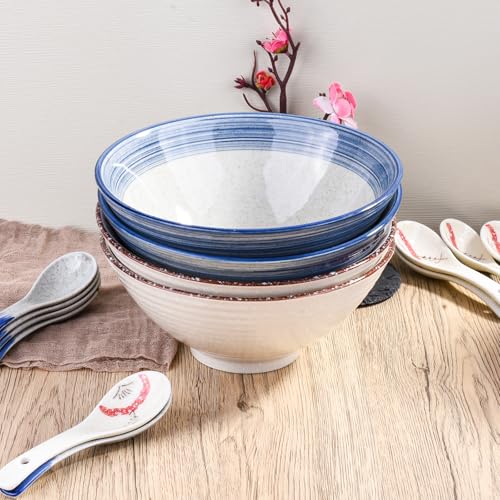 Ceramic Ramen Bowl Set of 2, 8.3" Blue Striped Japanese Noodle Bowls - color: BS