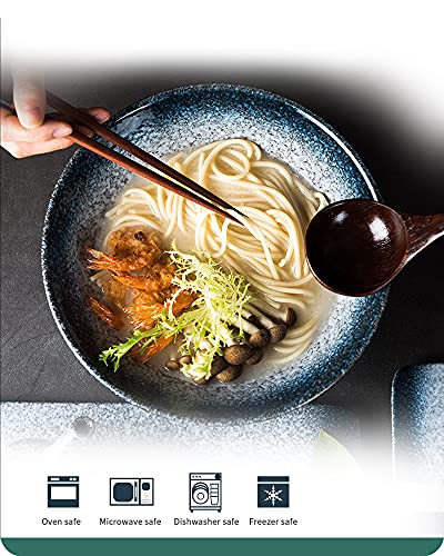 Lareina Ceramic Japanese Ramen Bowls, 2 Sets (6 Piece) 60 Ounce, Large Noodle Soup Bowl with Matching Chopsticks and Spoons for Asian Pho Udon Soba, Blue - color: Blue