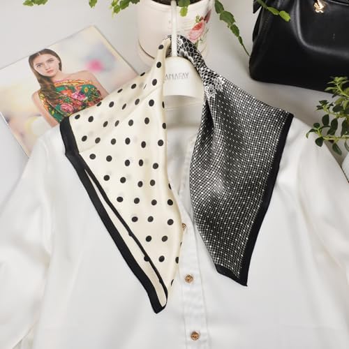Women 100% Mulberry Silk Neck Scarf 21" Square Floral Neckerchief - color: White Lace Polka Dot