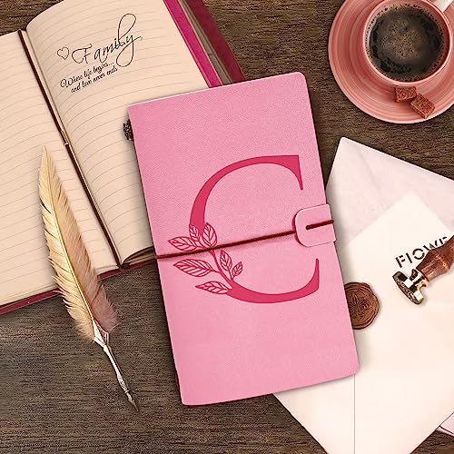 Personalized Journal Gift-Pink Initial Leather Journal+Heart Diamond Pen Set,Travel Notebook Diary Gifts,Refillable Notepads,Christmas,Birthday Gifts for Women Girls (7.9"x4.7") (C) - style: C