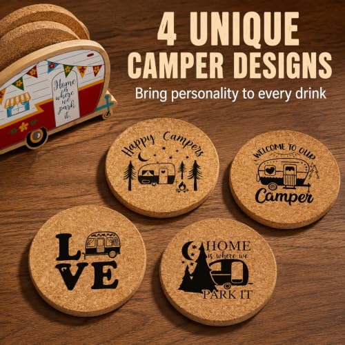Unique Happy Camper RV Coasters Set of 4 with Holder - color: New Red