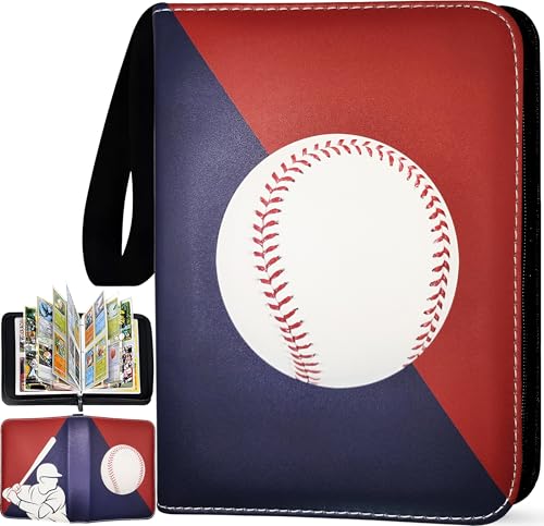 Baseball Card Binder 440 Pockets, 55 Sleeves Large Baseball Binder 3 Ring Zipper Trading Cards Holder 4 Pocket, Sport Card Collection Folder Book Storage Organizer, Album Case Protector Collector Gift - color: Red-Blue, size: 440 Pockets