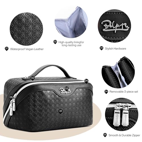 BOYATU Travel Makeup Bag for Women: Four Leaf Clover 3 Pcs Set Cosmetic Bag - color: M-06Black