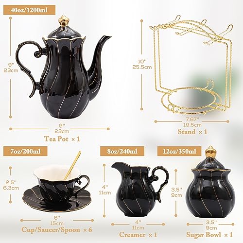 DUJUST 22 pcs Porcelain Tea Set for 6, Luxury British Style Tea/Coffee Cup Set with Golden Trim, Beautiful Tea Set for Women, Tea Party Set, Gift Package (Including a Stand) - Black - color: Black