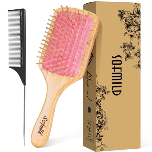 Sofmild Bamboo Hair Brush with Tail Comb, Pink Cushion Paddle Brush - color: Rose
