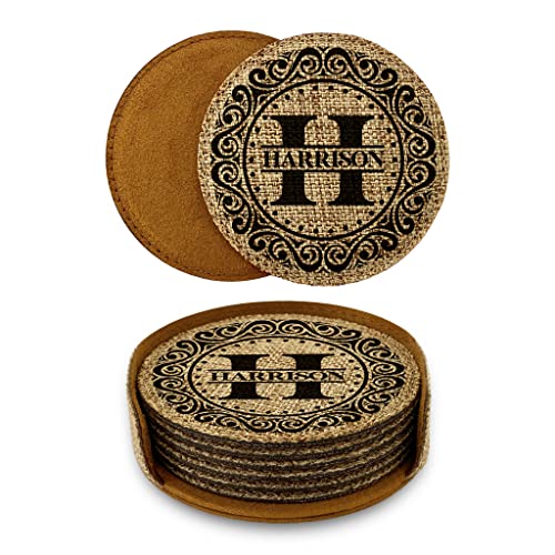 Smile Art Design Family Monogram CUSTOM COASTER Set of 6 with base Round Burlap Material Family Name Personalized Prints Personalized Gift House warming Wedding Gift Coffee Table Rustic Decor Style5 - color: Style 05, size: Set of 6 - Round Coaster