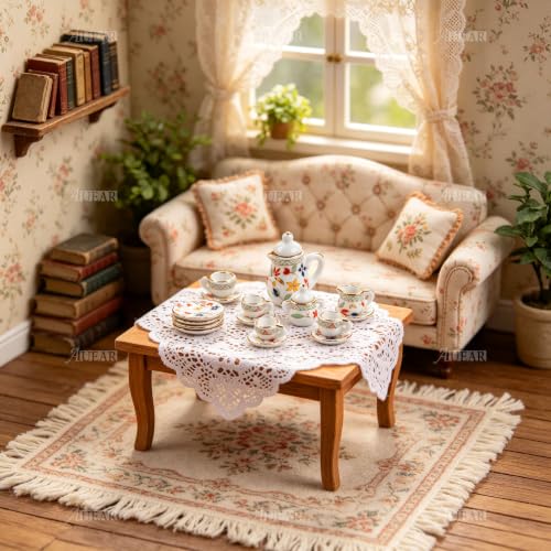 AUEAR, 15 Pack Miniature Ware Porcelain Tea Set 1:12 Miniatur Dish Cup Plate Classic Kitchen Accessories(Gold Leaf Pattern)