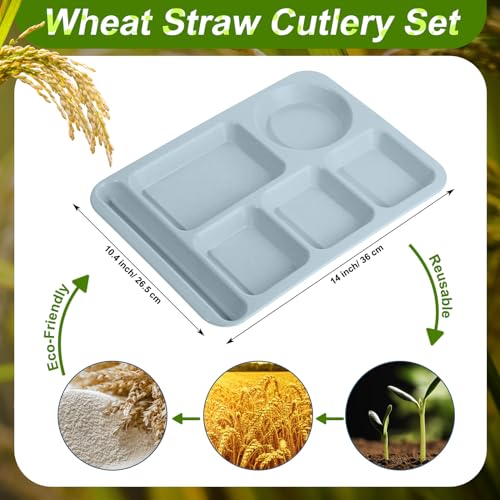 Pinkunn 12 Pcs 14'' Large Divided Plates Unbreakable Wheat Straw Lunch Trays 6 Compartments Cafeteria Trays Microwave Dishwasher Safe Food Separator Plates (Cool Color) - color: Cool Color