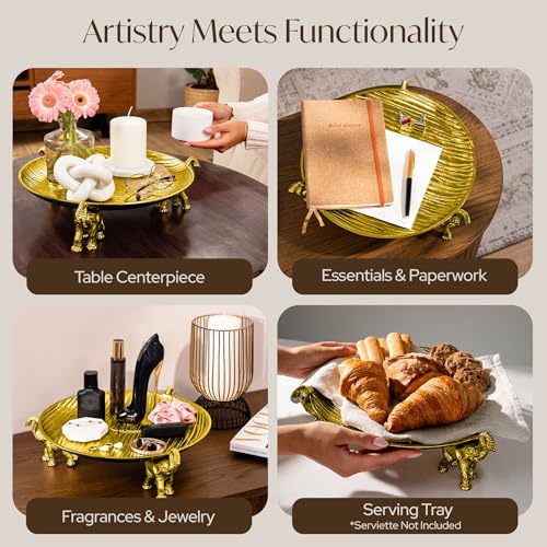 Antique Gold Tray with Elephant Stand - Round Coffee Table Centerpiece - color: Antique Gold