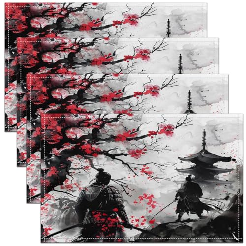 Feelyou Japanese Samurai Placemats Set Set of 4 18"x12" - color: Black White Red