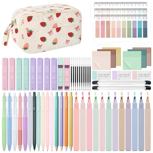 WOBAGMEN 62PCS Aesthetic School Supplies with Corduroy Pencil Case, Pastel Highlighters Gel Pens Mechanical Pencils, Cute College Essentials Set (Strawberry) - color: Strawberry