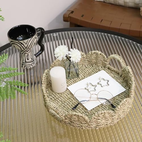 GYASVWU Seagrass Scalloped Tray with Handles,Round Rattan Serving Trays for Coffee Table,Woven Tray for Ottoman Decorative and Organizer Trays (Seagrass) - color: Seagrass