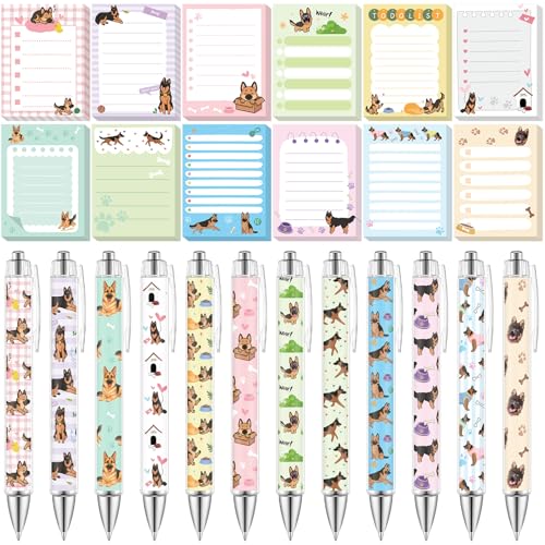 Dispowreath 24 Pcs German Shepherd Dog Sticky Notes with Pens Themed Party Favors Gifts Cute Notepad Memo Notes Pads Black Ink Ballpoint Pen for Dog Lover Christmas Gifts Office School Supplies - style: Shepherd Dog