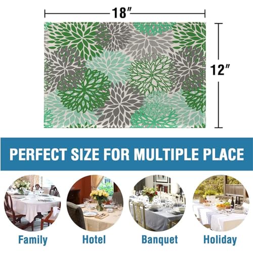 Ansouyi Placemats Set of 6, Green and Gray Dahlia Flower Washable Heat Resistant Linen Table Mats, Kitchen Decor Non-Slip Place Mats for Party Dining, 12x18 Inch - color: Green and Gray