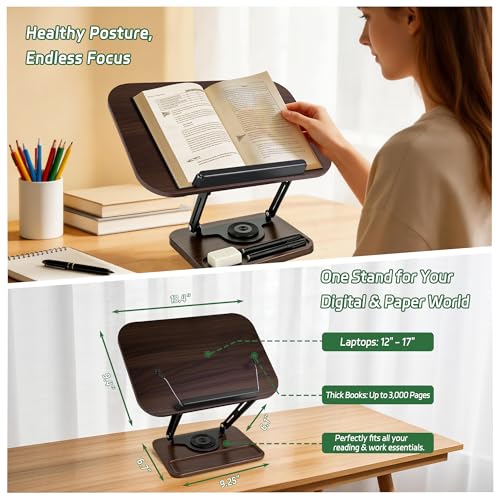 Book Stand for Desk, 360° Rotating Cookbook Holder for Hands-Free Reading Recipe Book Holder with Page Clips, Adjustable Height for Textbooks, Comics, Sheet Music - style: Book Stand(Walnut Finish)