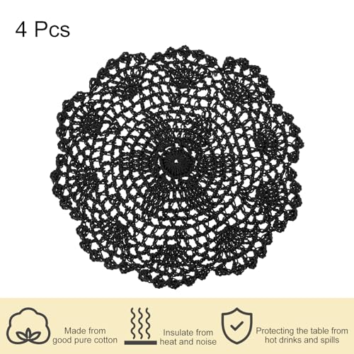 uxcell Lace Doilies, 4pcs 8" - Cotton Woven Round Crochet Coaster, Floral Design Fabric Handmade Placemat for Drink Wedding Party Decoration (Black) - color: Black