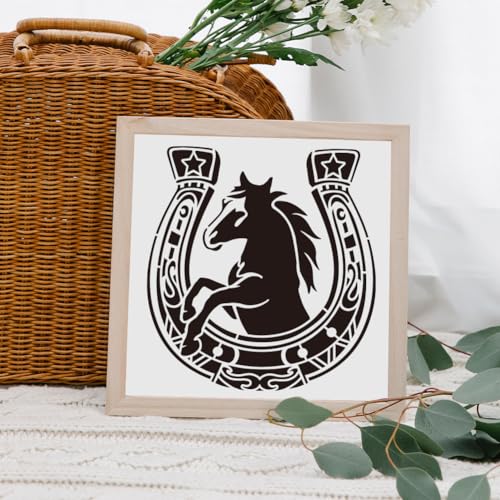 MAYJOYDIY Large Horseshoe Stencil 11.8×11.8inch Retro Horse Horseshoe Stencils with Paint Brush Western Horse Stencil Templates for Wood Wall Furniture Canvas Decor - color: Large Horseshoe