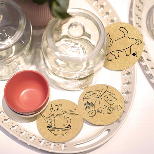 Coasters for Drinks with Holder Set of 6, Cat Cork Coaster Absorbent for Office Desk Cup Table Coasters Kitchen Decor House Warming Gifts for New Home, Round 4" - color: Cat004