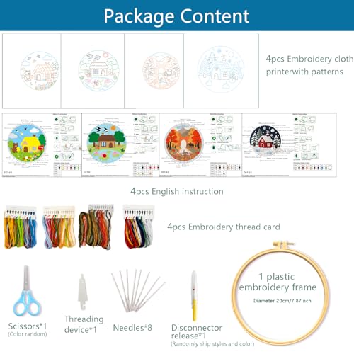 Zhenqing Four Seasons Embroidery Kit for Beginners, 4-Piece Spring Summer Fall Winter Landscape Needlework Set with Pre-Printed Fabric, Hoop & Threads (C0182) - color: Four Seasons