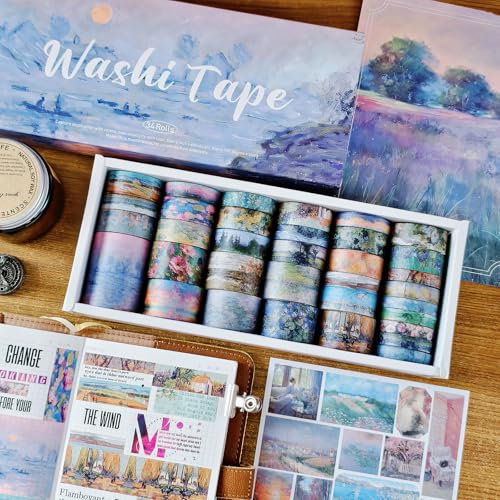 Bomichi 34 Rolls Oil Painting Aesthetic Washi Tape Set - color: Purple Oil Painting