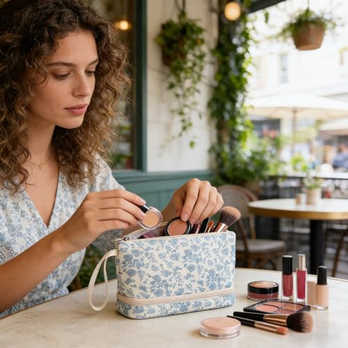 Small Makeup Bag 2 Layers Travel Cosmetic Bag with Makeup Brush Compartment - color: 02-blue flower