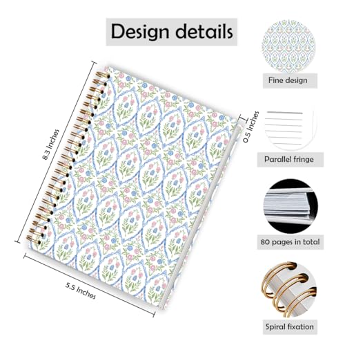 Grandmillennial Pink and Blue Floral Spiral Notebook 5.5x8.3, Retro Cottagecore Flower Aesthetic Journal for Women, Pastel Floral Grand Millenial Hardcover Notebook Journal - color: Color_1