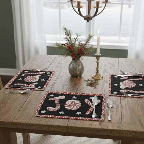 DaDa Bedding Starry Peppermint Joy Placemats - Set of 4 Festive Christmas Winter Holiday Tapestry - Red Black & White Cotton Linen Woven Yueltide Dining Table Mats - 13” x 19” (12904) - color: Joy