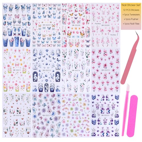 Flower Stickers for Nail Art Decals - 12 Sheets Spring Butterfly Nail Stickers with Tweezers 3D Floral Leaves Plant Nail Art Designs DIY Self Adhesive Daisy Blossom Nail Supplies Decorations - style: Flower Styles