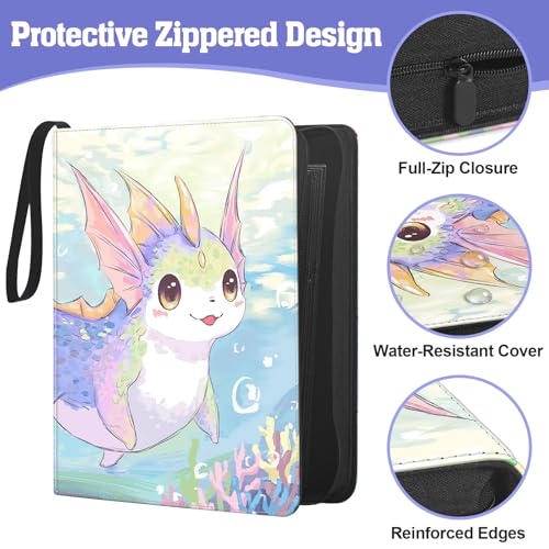 Top Loader Binder, Holds 360 Top Loaders, 9 Pocket Side-Loading Binder with Full-Zip Closure for Standard 3" x 4" Toploaders, Acid-Free PVC-Free Pages, Purple Coral Axolotl - color: Purple Coral Axolotl