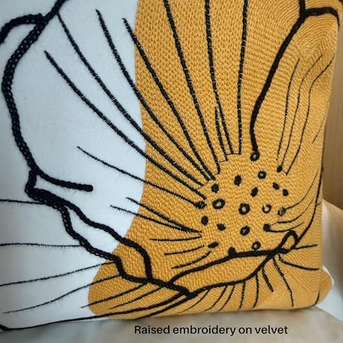 AYAY Decorative Velvet Throw Pillow Cover 18x18 Inch – Beige with Yellow, Rust & Olive Embroidered Floral Design, Earthy Boho Accent Cushion, Hidden Zipper, Cover Only - color: Earthy Floral Yellow and Olive