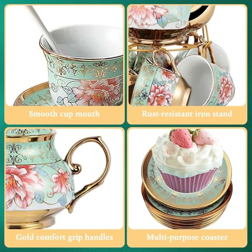20Pcs Porcelain Tea Set with Metal Holder and Spoons, Floral Tea Sets for Adults with Teapot Cups Saucers, European Ceramic Tea Parties Set for Women （Large） (Green) - color: Green