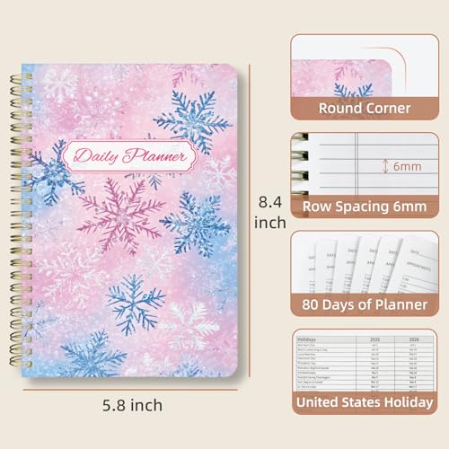 Undated Daily Planner - Spiral Notebook 80 Days One Day Per Page, Hourly Schedule, To-Do List, Notes, Everyday Planning Task, A5 Hardcover Journal Organizer Book Women Cute Aesthetic, Winter - color: Winter