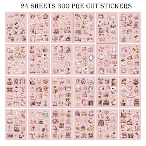 Vintage Ephemera Sticker 24 Sheets precut 300 washi Stickers Paper People Journal Stickers for Adults Junk journaling Sticker Book Scrapbooking Supplies - color: Pink