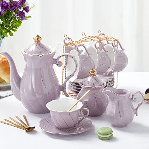 DUJUST 22 pcs Porcelain Tea Set for 6, Luxury British Style Tea/Coffee Cup Set with Golden Trim, Beautiful Tea Set for Women, Tea Party Set, Gift Package (With a Stand) - Purple - color: Purple