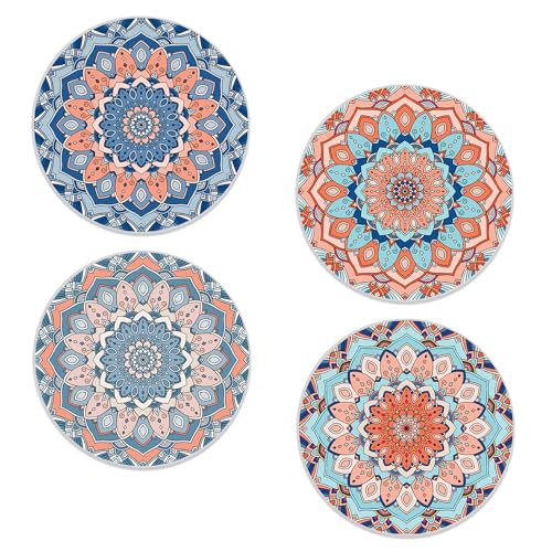 Coasters Set of 4, Mandala Blue Round 4" Ceramic & Cork Coasters, Ideal Home Decor & Gifts - color: Mandala Blue Flower