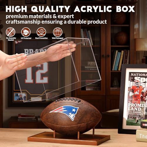 JupDec Football Display Case Full Size, Acrylic Clear Box with Wood Stand, UV Protected Memorabilia Holder, for Football Fans & Collectors, Sports Collectibles, No Assembly Required - color: Brown