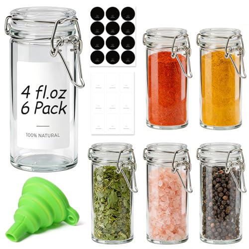 ComSaf Small Glass Spice Jars with Airtight Lids 4 oz 6 Pack with Labels - size: 4 fl oz x 6