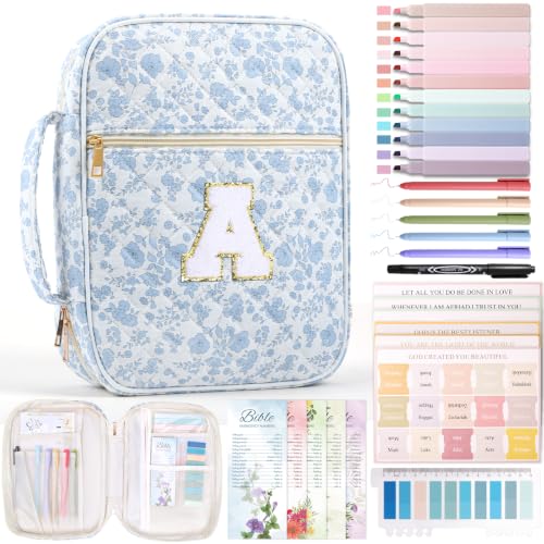 XKDOUS Bible Cover for Women Bible Bag Kit Church Book Holder Carrying Case - color: Blue Rose With Letter a