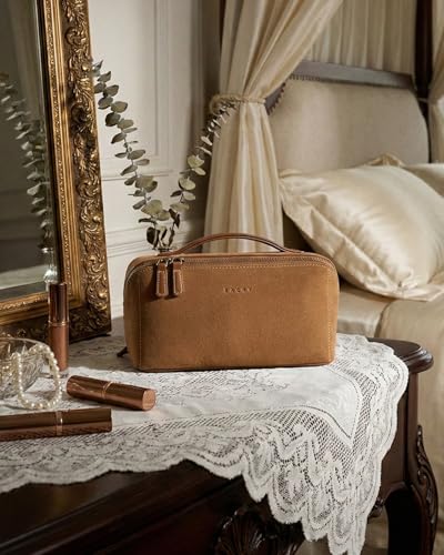 EACHY Travel Makeup Bag for Women, Faux Suede Cosmetic Bag, Brown, Medium - color: D - Brown, size: Medium