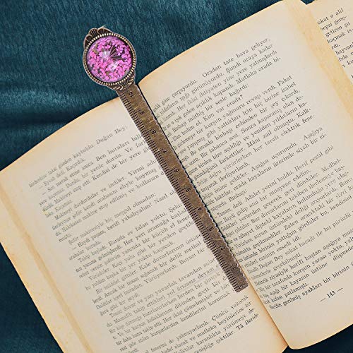 Wisdompro 2 Pcs Metal Bookmark Ruler with Dried Flower - Blue & Hot Pink - color: Blue & Hot Pink