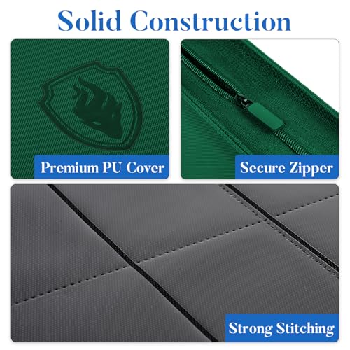 Premium Zip Card Binder, Fabmaker 9 Pocket Trading Card Binder PU Cover - color: Green, size: 9 Pocket - 13.9" x 10.5"