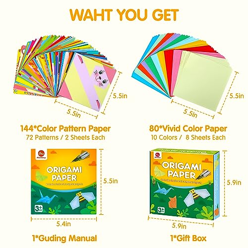 Mocoosy 224 Sheets Origami Paper Kit for Kids Ages 5-8 8-12, Folding Paper Set with Origami Book for Beginners, Art Craft Supplies for Boys Girls 9-12, Travel Game Car Road Trip Activities Toy Gifts - style: Animal/Color Paper