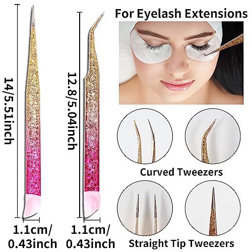Ouligay 2Pcs Double Ended Nail Art Tweezers Stainless Steel Tweezer Straight Curved Tip Tweezers with Silicone Pressing Head for Nail Crafts Rhinestone Stickers Jewel Gem Picker Tool