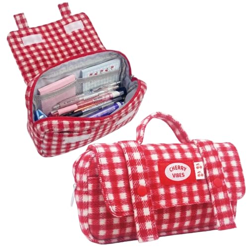 Cute Checkered Pencil Case, Red White Plaid, Large Capacity Gingham Pattern Pen Bag with Handle, Big Stationery Organizer, Multi-Use Storage Pouch, 8.7x1.6x4.7 Inches, Red - color: Red-white checkered