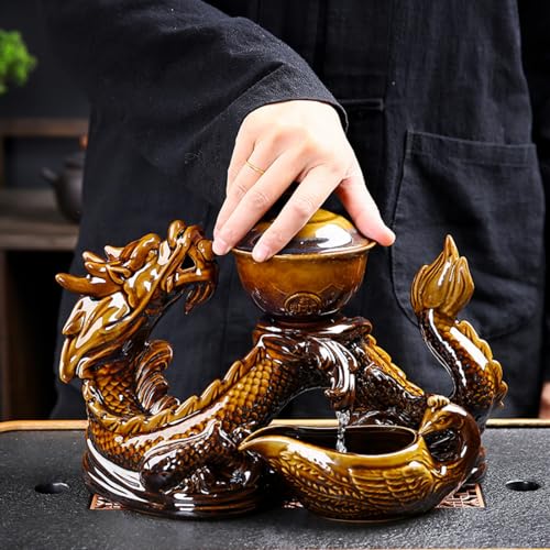 Chinese Gongfu Tea Set - Ceramic Teapot with Infuser, 8 Cups, Semi Automatic Dragon Design for Loose Leaf Tea - color: Yellow Dragon