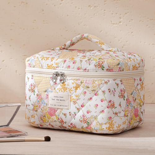 HBselect Quilted Makeup Bag, 3Pcs Cotton Large Travel Makeup Bags Organizer - color: A-3PCS-Floral 37